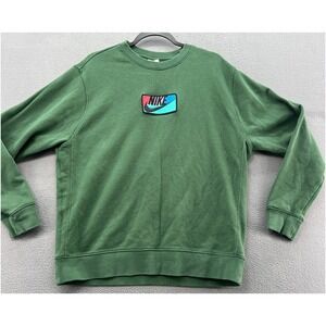 Nike Club Fleece Men's Sz L Green Crewneck Sweatshirt Patch Graphic Pullover